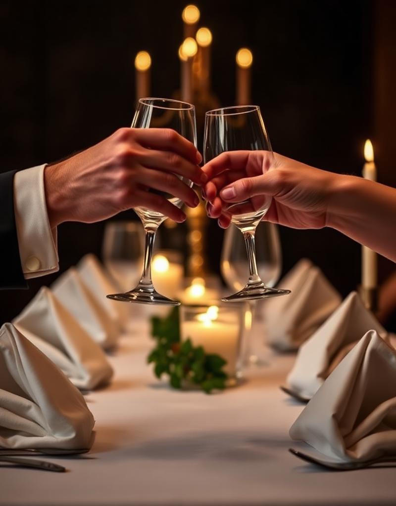 Twee handen klinken kristallen glazen aan een gedekte tafel